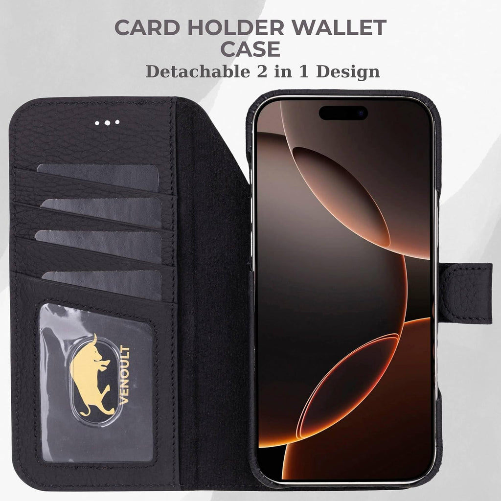 VENOULT Leather Wallet Case for iPhone 17 Pro Max, Full Grain Genuine Leather, Magnetic Detachable, 4 Card Holder, Buesiness Style, Compatible with MagSafe, RFID, Handmade (Pebble Black)