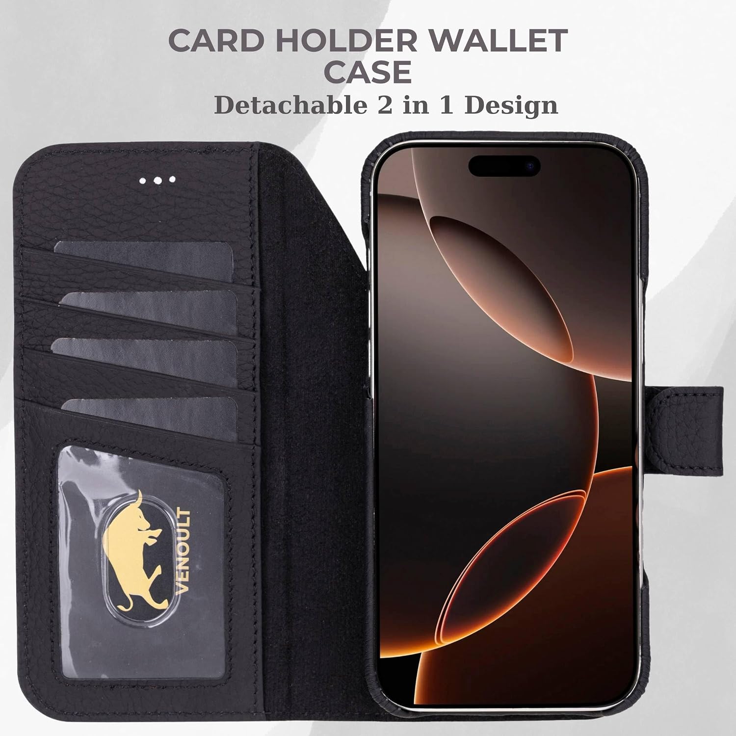 VENOULT Leather Wallet Case for iPhone 17 Pro Max, Full Grain Genuine Leather, Magnetic Detachable, 4 Card Holder, Buesiness Style, Compatible with MagSafe, RFID, Handmade (Pebble Black)