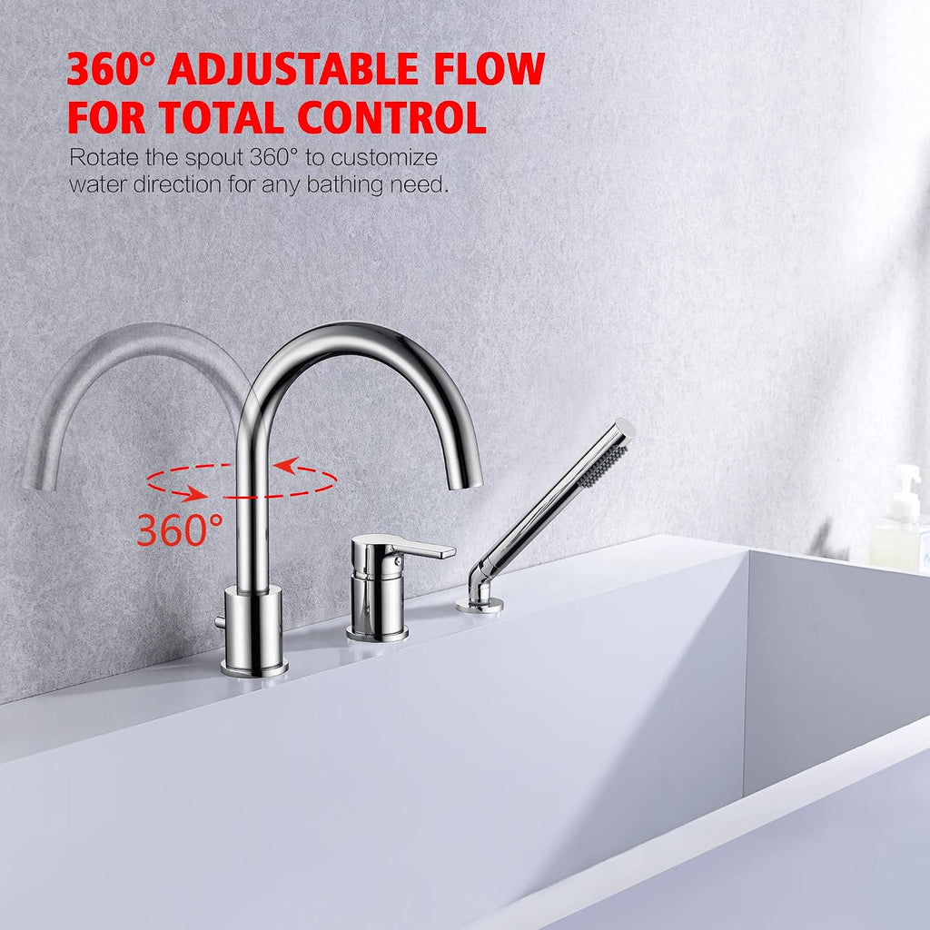 3 Hole Deck Mount Roman Tub Faucet with Hand Shower, Solid Brass Chrome Finish Valve Included