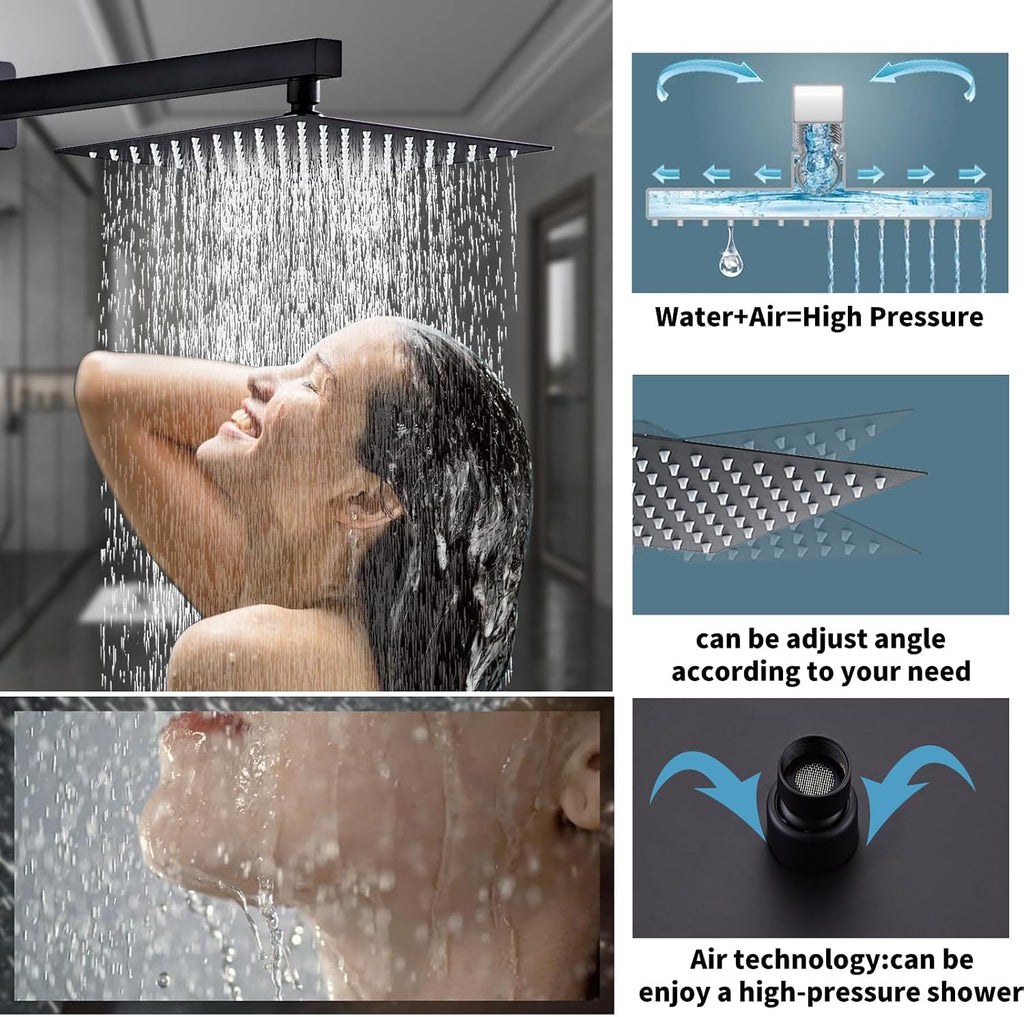 10' Matte Black Shower Faucet Set – Square Rainfall Showerhead + Handheld & Waterfall Spout, Wall-Mounted, Anti‑Clog Silicone – Modern Bathroom Hardware