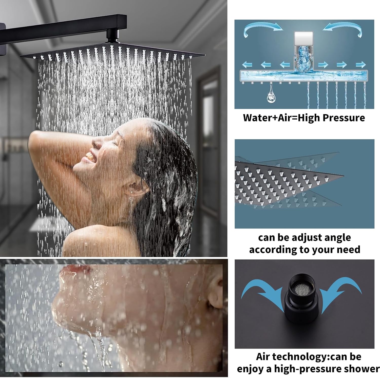 10' Matte Black Shower Faucet Set – Square Rainfall Showerhead + Handheld & Waterfall Spout, Wall-Mounted, Anti‑Clog Silicone – Modern Bathroom Hardware