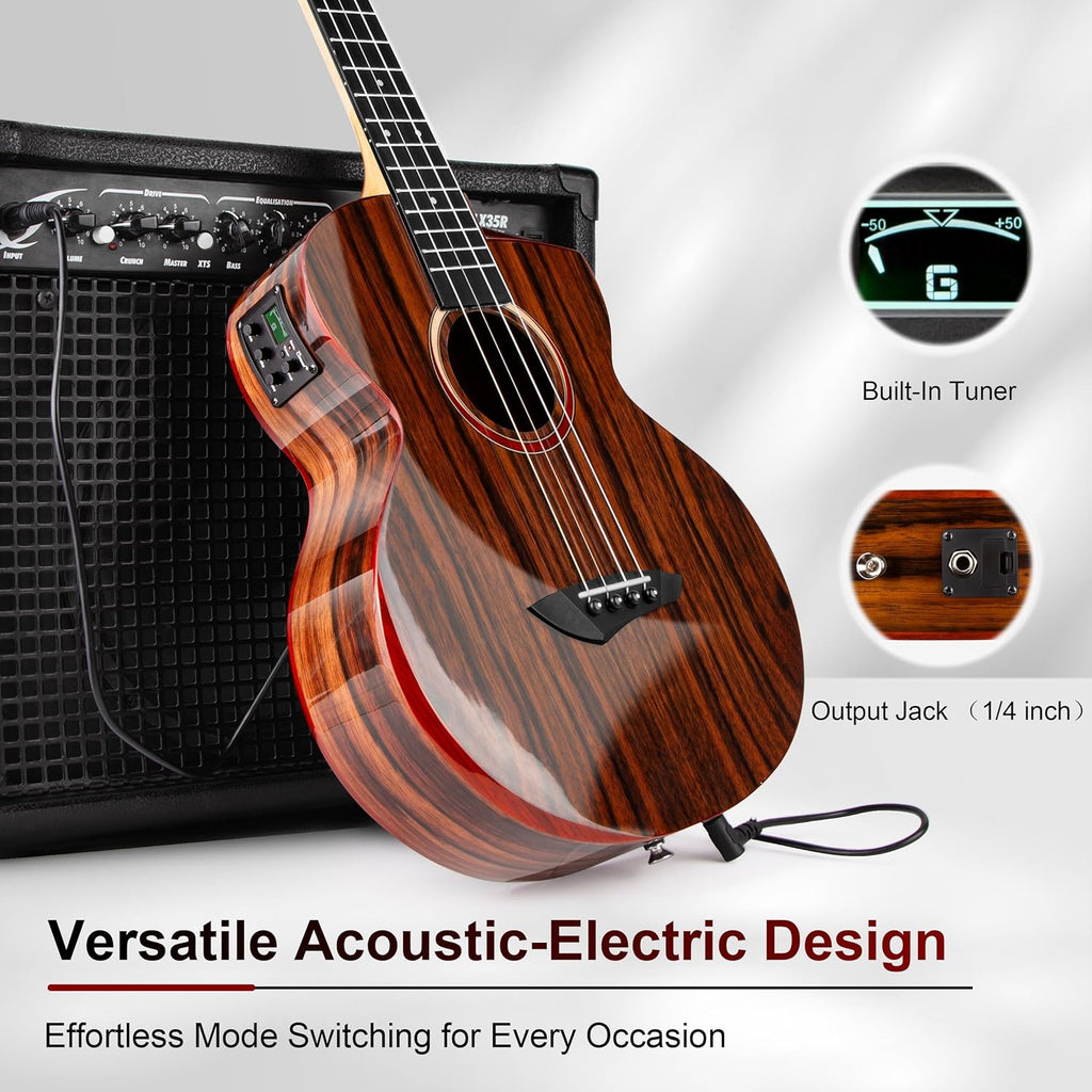 Caramel BEG91 Cutaway Ebony Glossy Baritone Acoustic & Electric Ukulele with Armrest | 30-inch Handmade Professional Ukelele Kit with Accessories