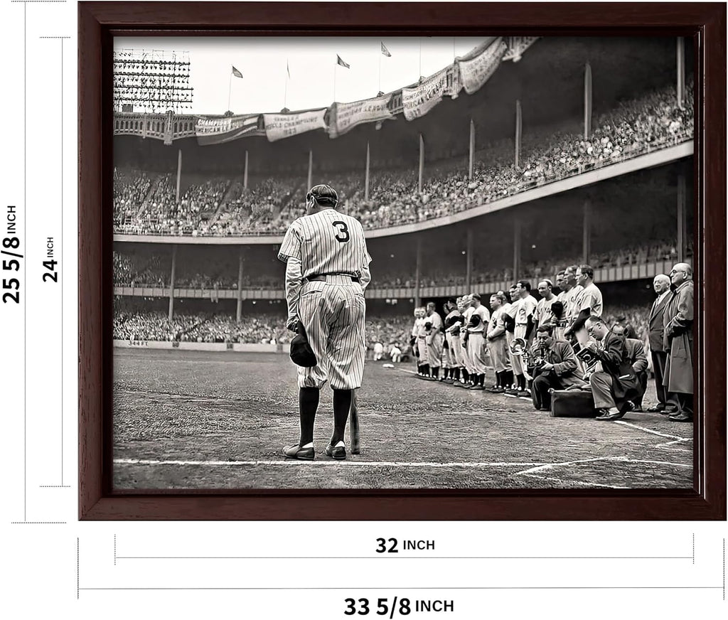 Poster Master The Babe Bows Out Canvas - Retro Babe Ruth Retires Print - Sports Art - Gift for Him, Men, Athlete - Baseball Art - Decor for Man Cave, Gym, Living Room - 24x32 Brown Framed Canvas