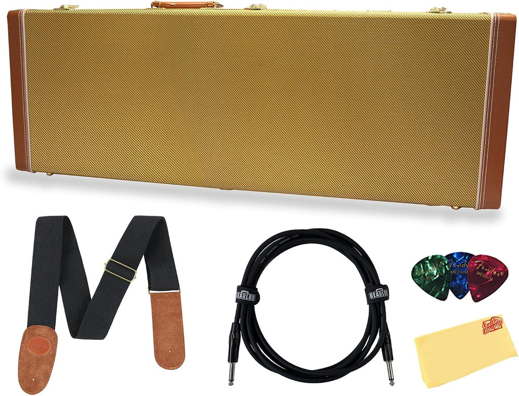 Gator GW-ELECTRIC-TW Deluxe Wood Case for Strat/Tele Style Electric Guitars - Tweed Bundle with Picks, Strap, Instrument Cable, and Austin Bazaar Polishing Cloth