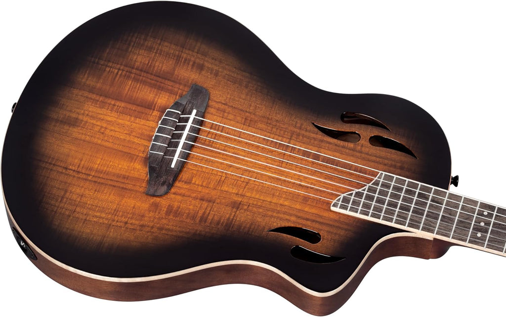 Ortega TourPlayer Deluxe Thinline Crossover Nylon-String Electric Guitar w/Pro gig bag, Acacia Gloss Burst (RTPDLX-ACA)