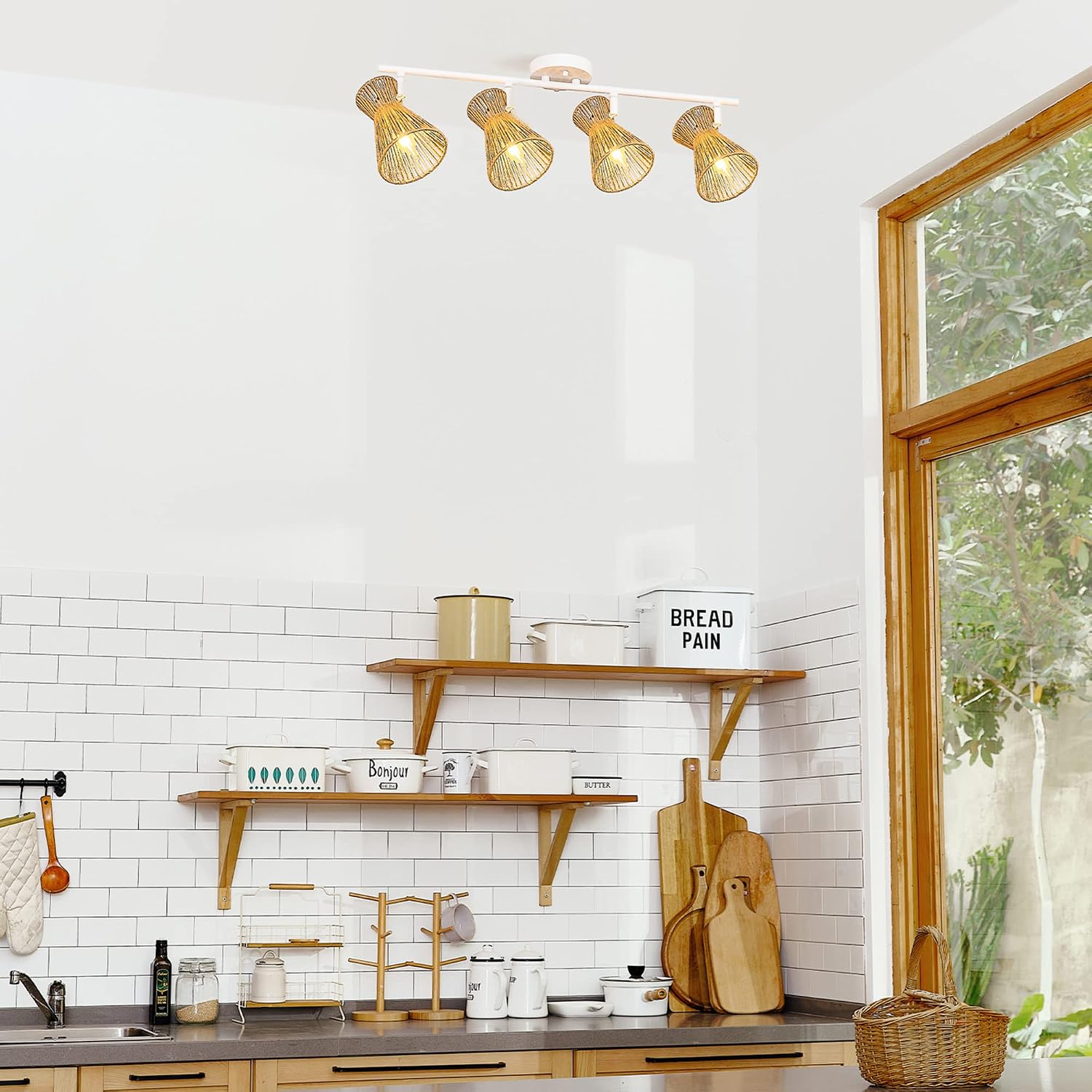 Globe Electric 64000050 28' 4-Light Track Lighting, Matte White, Natural Twine Shades, Ceiling Light, Pivot Shade, Kitchen Lights, 4 Bulb Track-Light