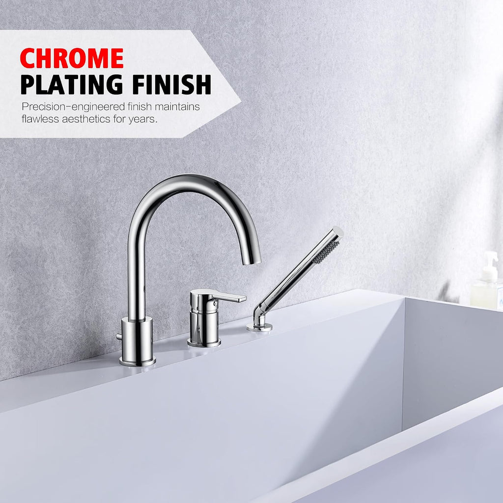 3 Hole Deck Mount Roman Tub Faucet with Hand Shower, Solid Brass Chrome Finish Valve Included