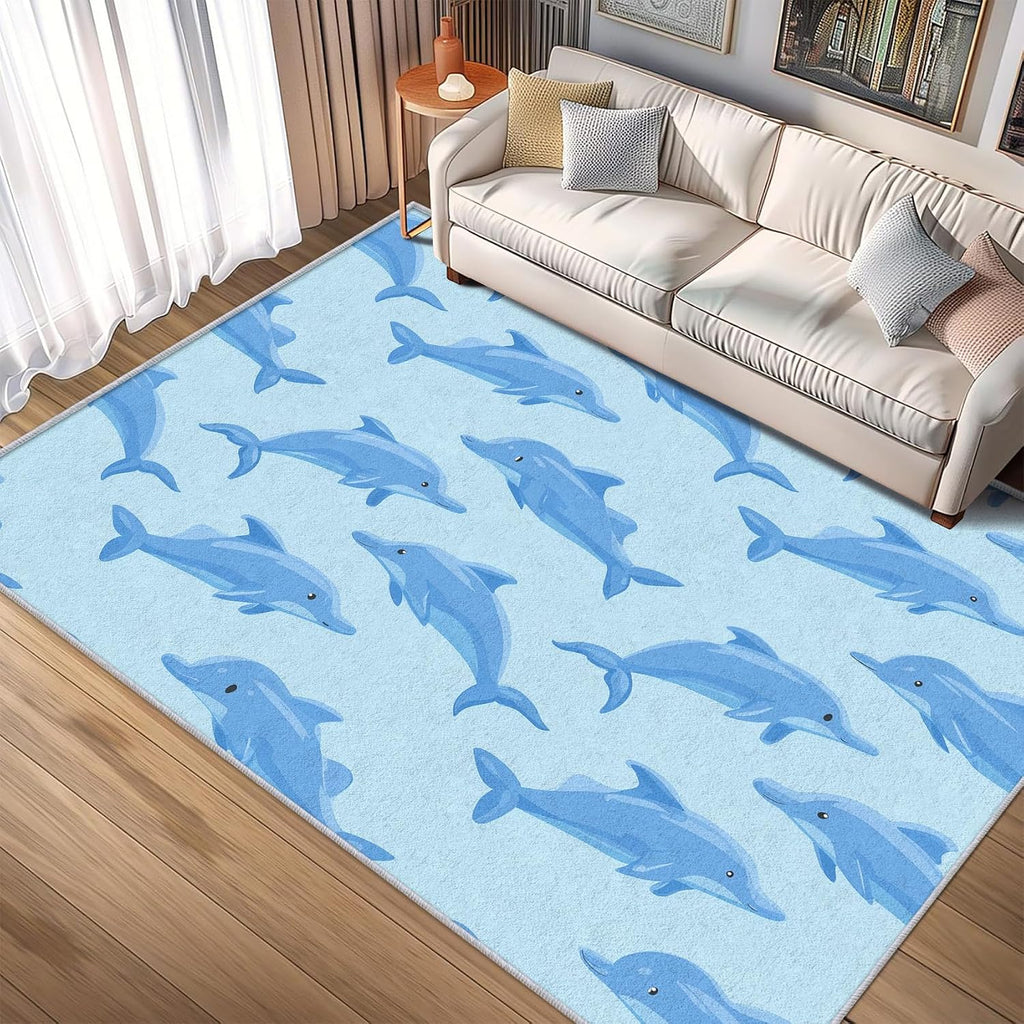 Dolphin Rug 8x12 for Bedroom, Marine Sea Ocean Animal Patterned Living Room Area Rug, Dolphin Kids Boys Girls Room Decor, Washable Soft Thin Carpet with Non Slip Backing, 8 x 12 ft - Lu11512