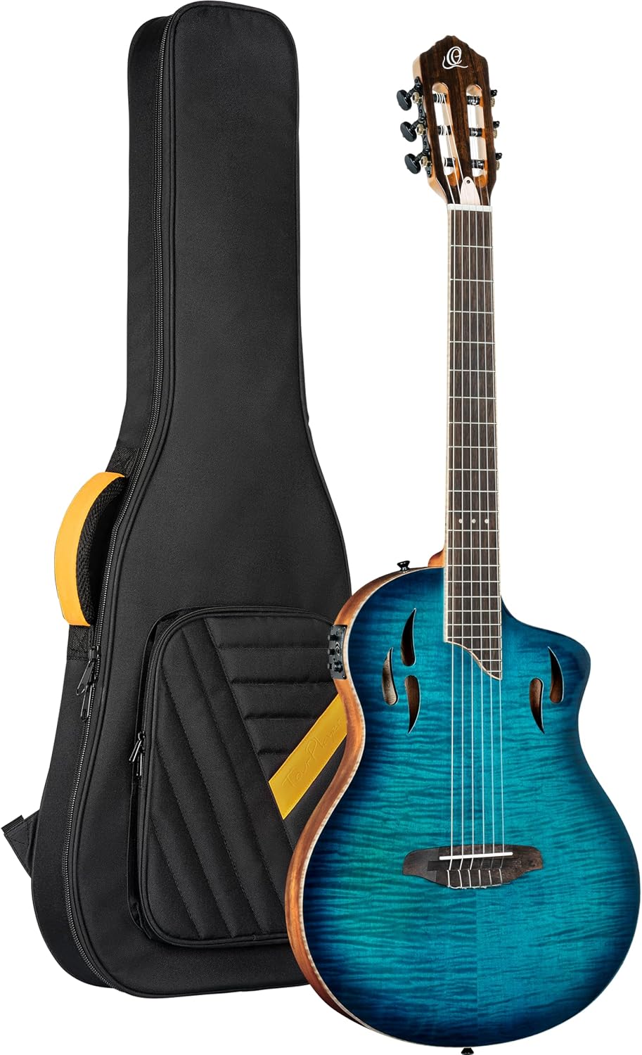 Ortega TourPlayer Deluxe Thinline Crossover Nylon-String Electric Guitar w/Pro gig bag, Flamed Maple Gloss Blue (RTPDLX-FMA)