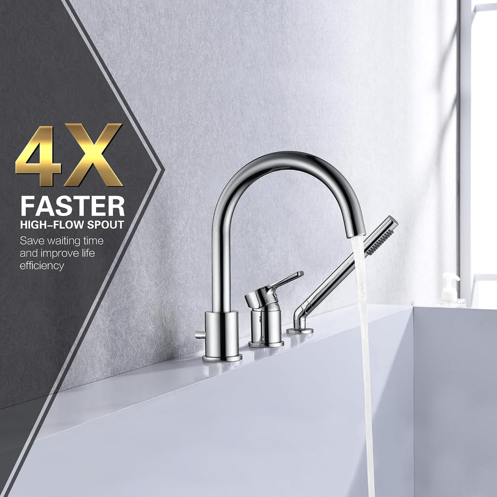 3 Hole Deck Mount Roman Tub Faucet with Hand Shower, Solid Brass Chrome Finish Valve Included