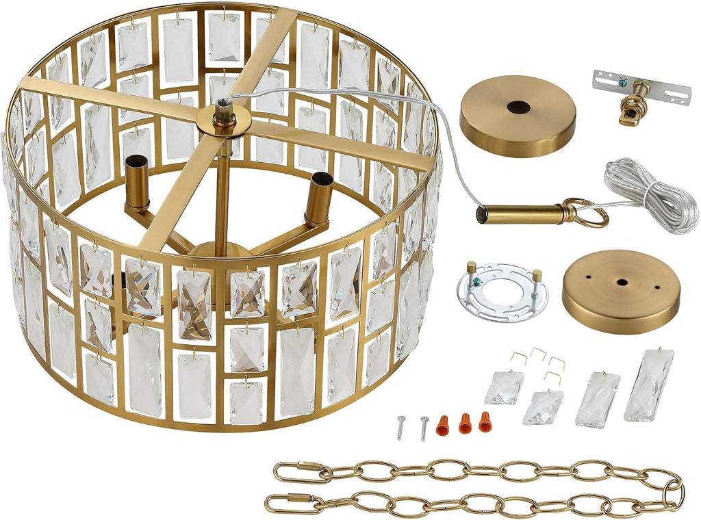 MEXO Farmhouse Crystal Convertible Chandelier and Semi Flush Mount Lighting Gold Cylinder Drum Shade Pendant for Kitchen Island Dining Room Bedroom Hallway