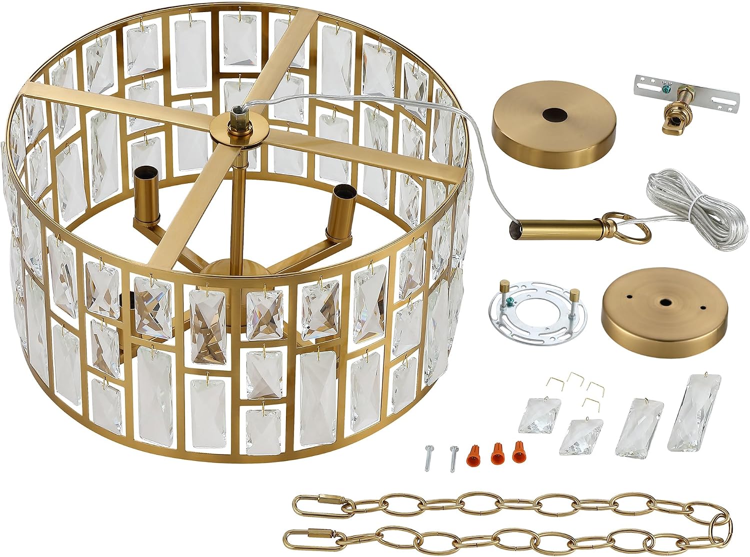MEXO Farmhouse Crystal Convertible Chandelier and Semi Flush Mount Lighting Gold Cylinder Drum Shade Pendant for Kitchen Island Dining Room Bedroom Hallway