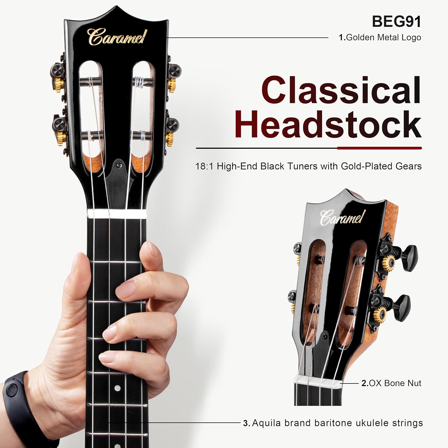 Caramel BEG91 Cutaway Ebony Glossy Baritone Acoustic & Electric Ukulele with Armrest | 30-inch Handmade Professional Ukelele Kit with Accessories