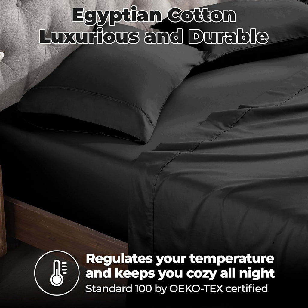 Superior Egyptian Cotton 400 Thread Count Bed Sheet Set, 1 Elastic Deep Pocket Fitted Sheet, 1 Flat Sheet, 2 Pillowcases, Soft Bedding, Luxury Sheets, Sateen Weave, Full Size, Black