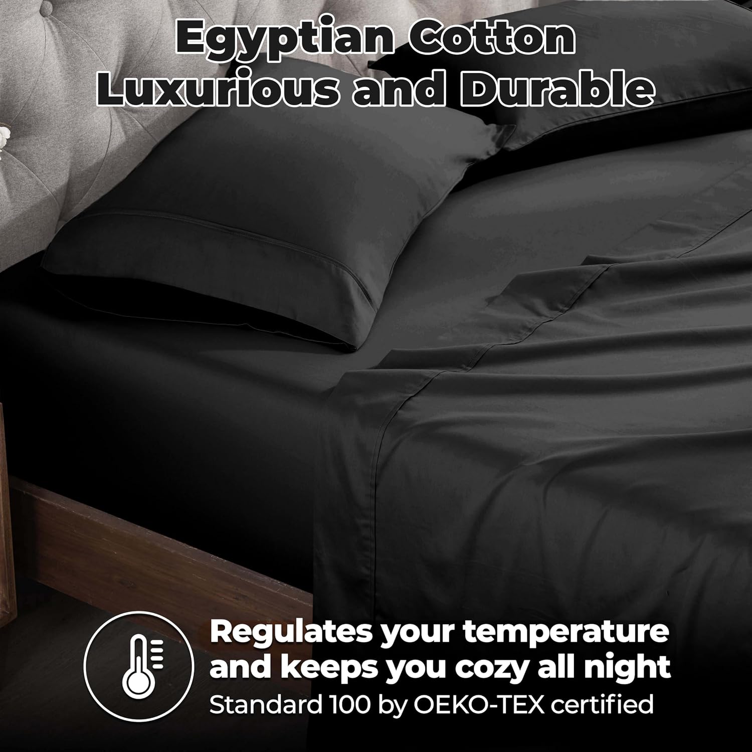 Superior Egyptian Cotton 400 Thread Count Bed Sheet Set, 1 Elastic Deep Pocket Fitted Sheet, 1 Flat Sheet, 2 Pillowcases, Soft Bedding, Luxury Sheets, Sateen Weave, Full Size, Black