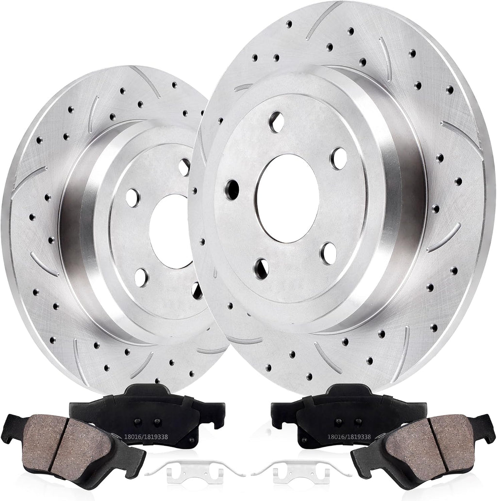 Rear Drilled and Slotted Brake Pads and Rotors Kit Ceramic Automotive Replacement Brake Kits 12.99 Inch Compatible for Dodge Durango Grand Cherokee 2011-2020 (8 Pcs)