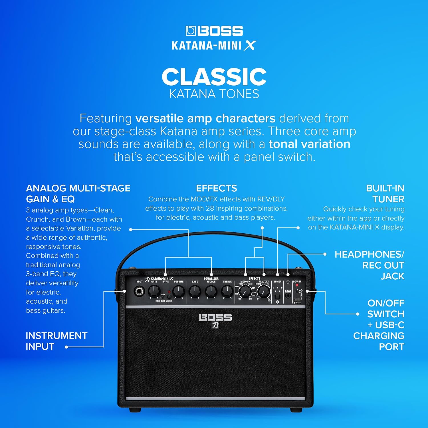 BOSS Katana-Mini X | Powerful 10-Watt Mini Amplifier for Electric, Acoustic & Bass | Tube Logic Design | Custom 5' Speaker | Versatile Sounds & Dual Effects | Bluetooth | Built-in Rechargeable Battery