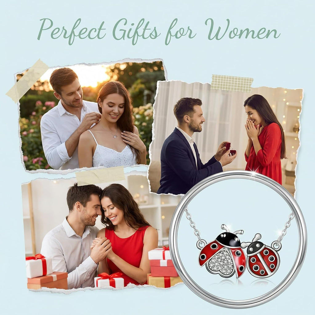 Diamond Ladybug Necklace for Women 925 Sterling Silver Lab Grown Diamond Double Ladybug Pendant Necklace Jewelry Gift for Her