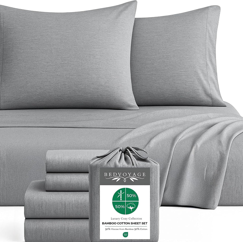 BedVoyage Cozy Sheets King – 50% Viscose from Bamboo and 50% Cotton Blend Sheet Set, Soft Breathable Bedding, 18' Deep Pocket, 4pc Set, Silver