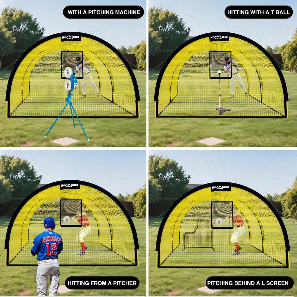 Upgraded 22ft x 12ft x 8ft Baseball & Softball Batting Cage Net with Pitching Machine Hole, 4ply 1.25'' Anti-Tear Netting, 13.4MM Fibreglass Poles, Portable Carry Bag