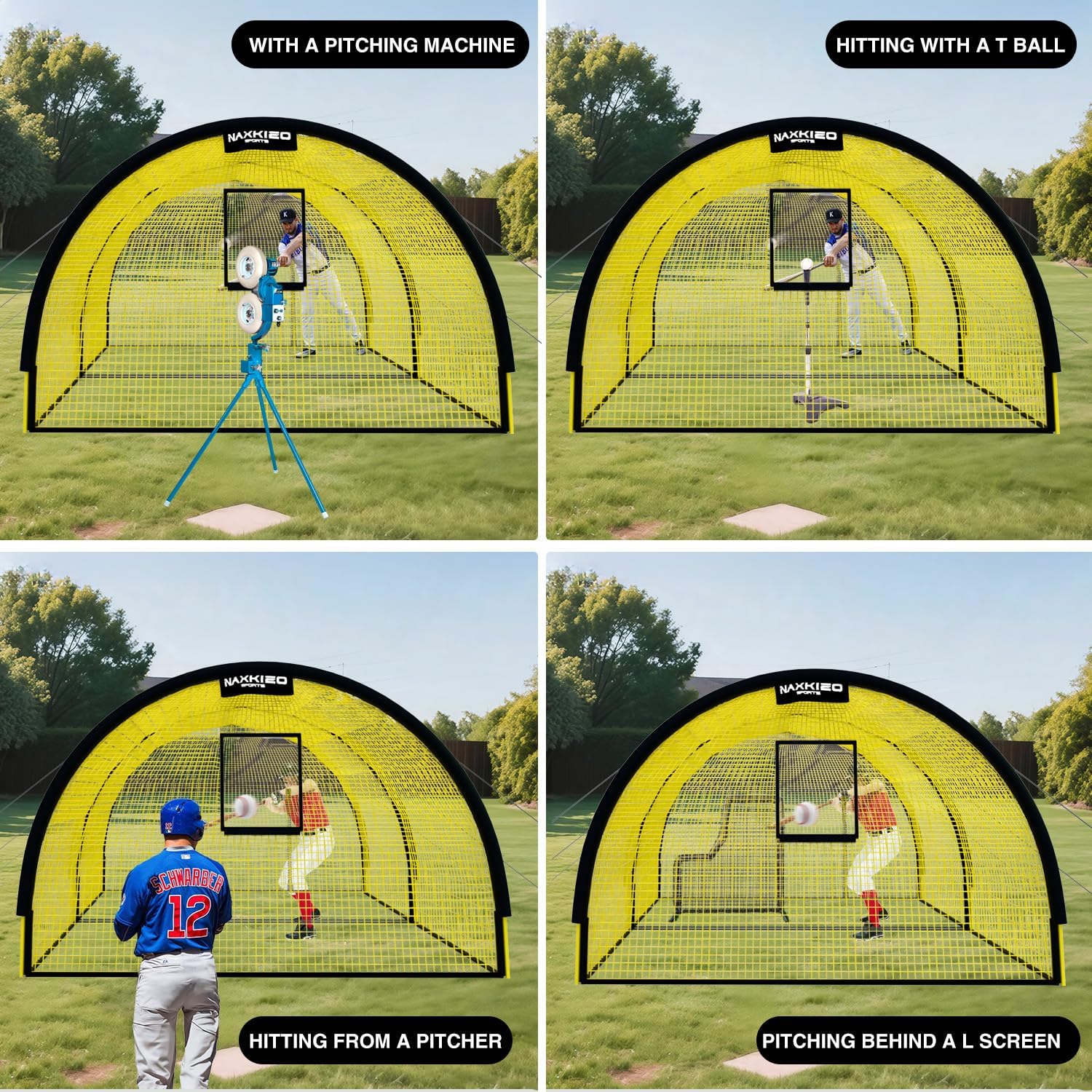 Upgraded 22ft x 12ft x 8ft Baseball & Softball Batting Cage Net with Pitching Machine Hole, 4ply 1.25'' Anti-Tear Netting, 13.4MM Fibreglass Poles, Portable Carry Bag