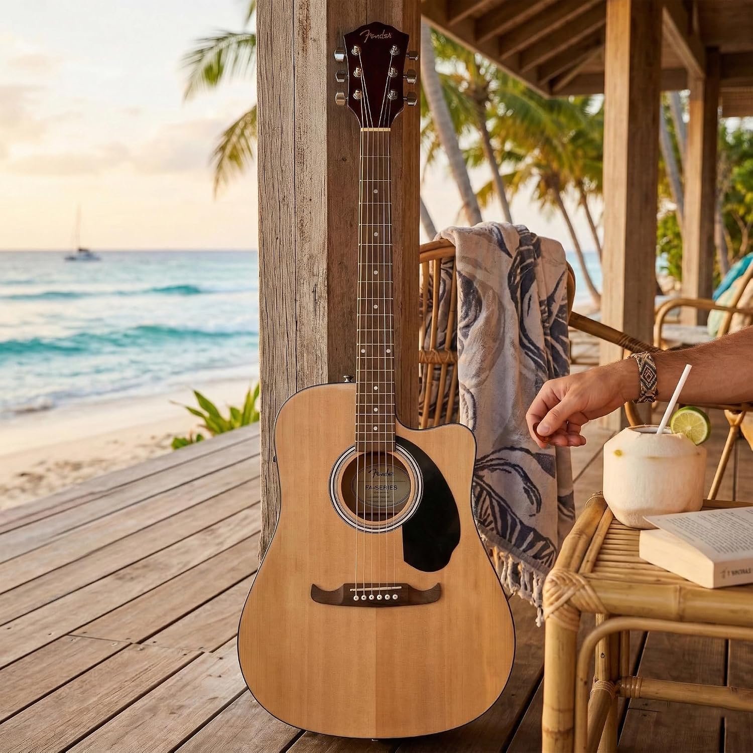 Fender FA-125CE Dreadnought Cutaway Acoustic-Electric Guitar - Natural Bundle with Gig Bag, Tuner, Strap, Strings, Picks, and Austin Bazaar Instructional DVD