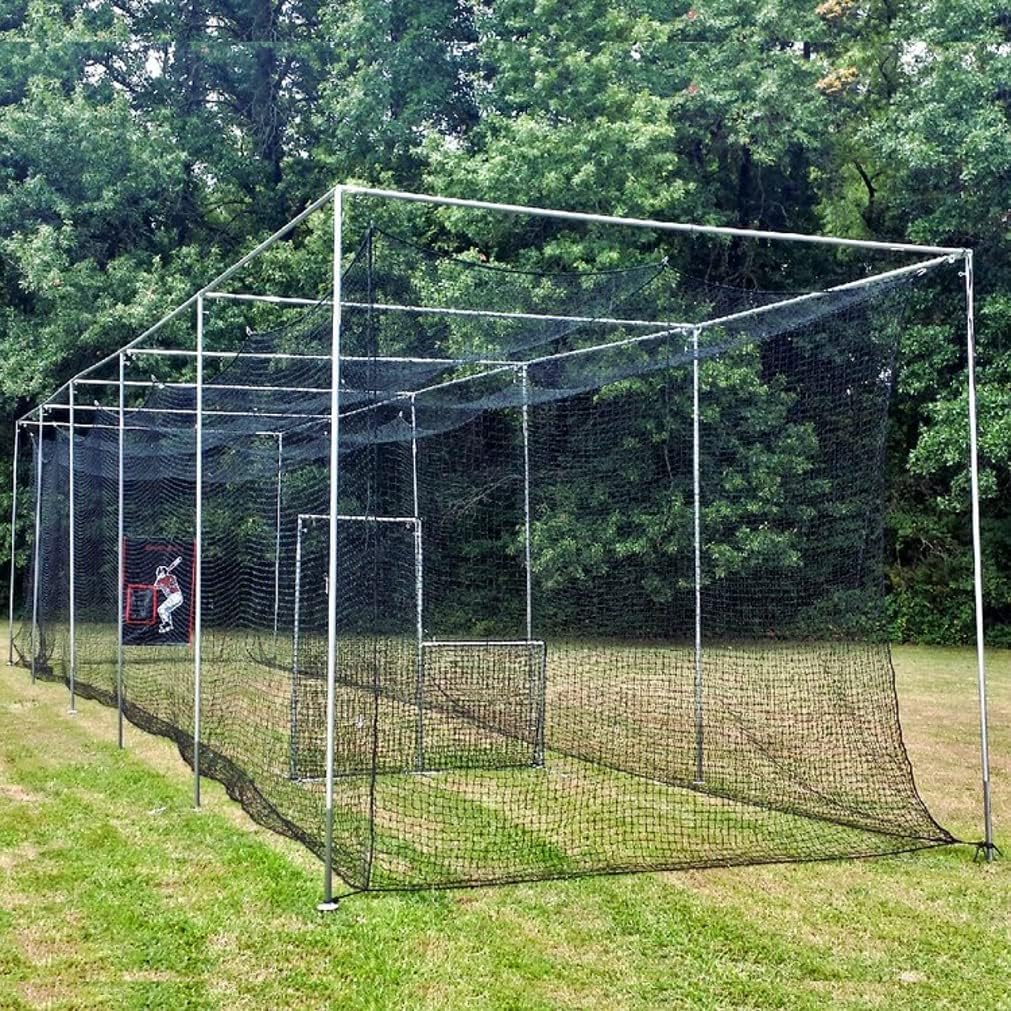 Jones Sports Heavy Duty Baseball Batting Cage Net (12' or 14' H x 12' or 14' W x 55' or 70' L) with Door and Free Backstop, Black, HDPE (60PLY) Material