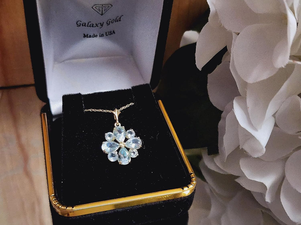 Galaxy Gold GG 14K Yellow Gold Natural Aquamarine Pendant Necklace - March Birthstone - Courage & Clarity - 16' to 24' - Fine Jewelry for Women