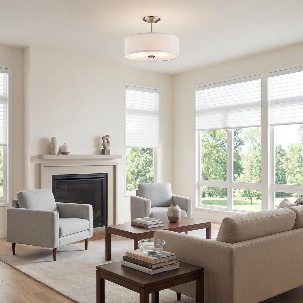 Kichler Shailene 14' 3-Light Semi Flush Mount Ceiling Light Fixture with Satin Etched White Diffuser and White Microfiber Shade in Brushed Nickel for Bathroom or Bedroom, 43675NI