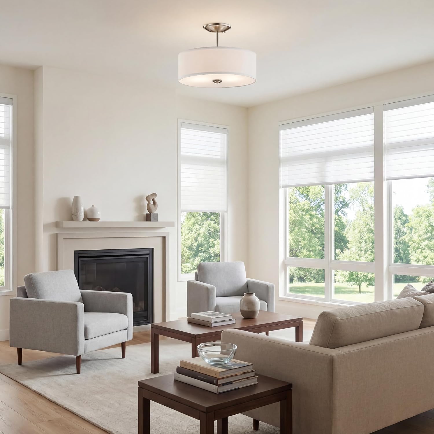 Kichler Shailene 14' 3-Light Semi Flush Mount Ceiling Light Fixture with Satin Etched White Diffuser and White Microfiber Shade in Brushed Nickel for Bathroom or Bedroom, 43675NI
