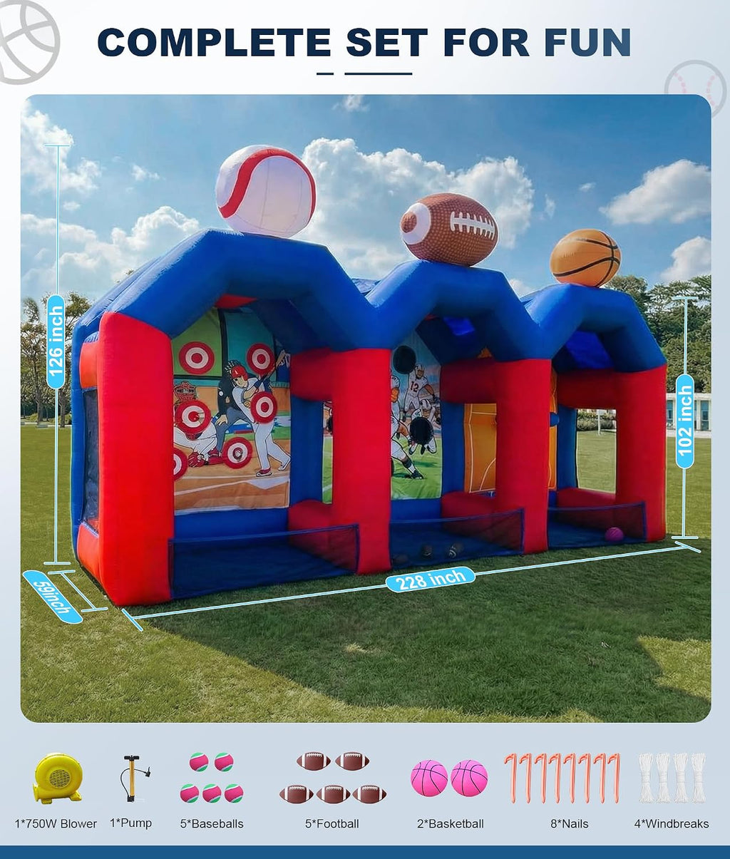 Inflatable Carnival Games with 12 Balls - Baseball, Football & Basketball Toss Throwing Target with 750W Blower, Easy Setup for Indoor/Outdoor Commercial, Birthday Parties, and Lawn Interactive Game