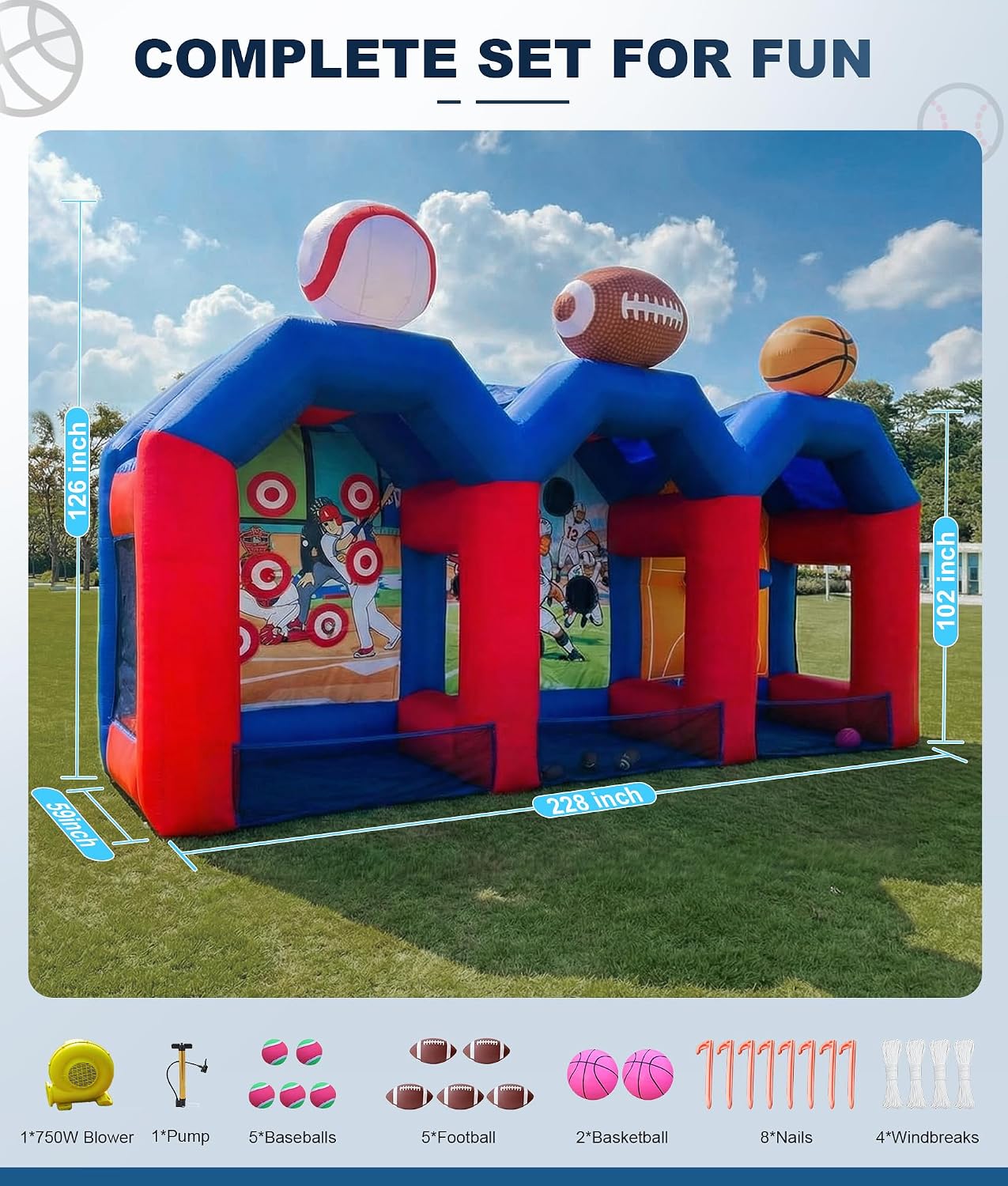 Inflatable Carnival Games with 12 Balls - Baseball, Football & Basketball Toss Throwing Target with 750W Blower, Easy Setup for Indoor/Outdoor Commercial, Birthday Parties, and Lawn Interactive Game