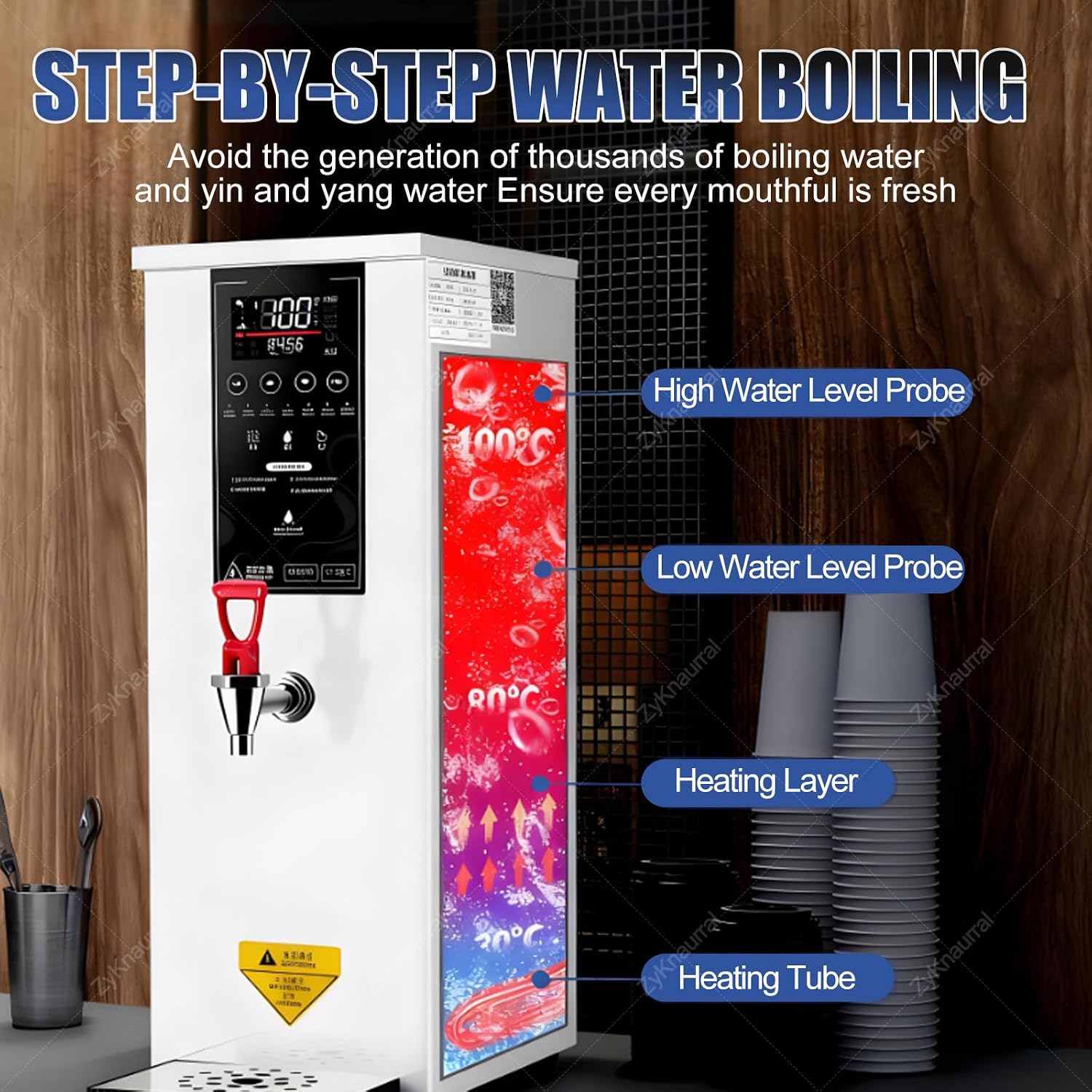 1000W Commercial Hot Water Dispenser Countertop, 60L/H Step-Heating Stainless Steel Water Boiler with Temperature Control for Boba Tea Office Restaurant Black