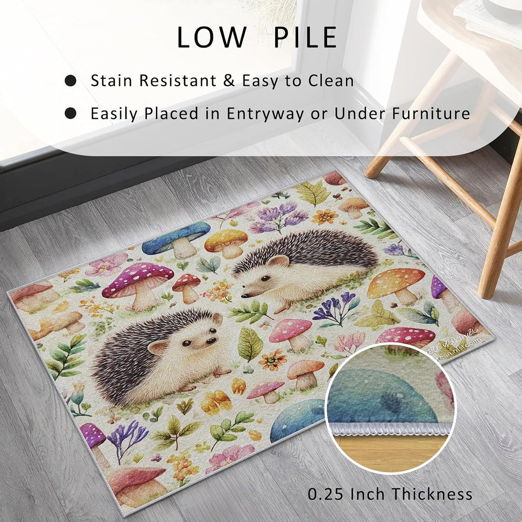 Hedgehog Rug 8x12 for Bedroom, Forest Woodland Animal Patterned Living Room Area Rug, Hedgehog Kids Boys Girls Room Decor, Washable Soft Thin Carpet with Non Slip Backing, 8 x 12 ft - Lu11540