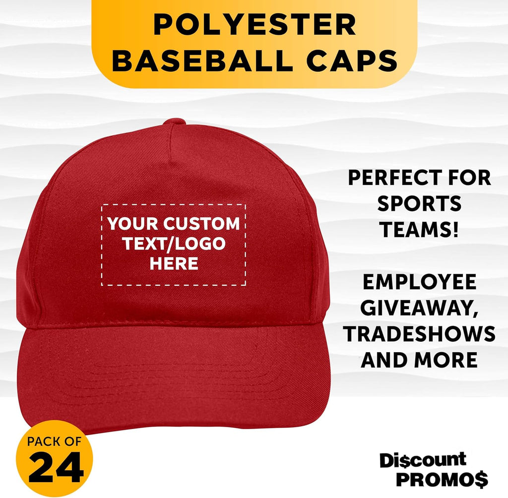 DISCOUNT PROMOS Custom Embroidered Polyester Baseball Caps Set of 6/12/24, Personalized Bulk Pack