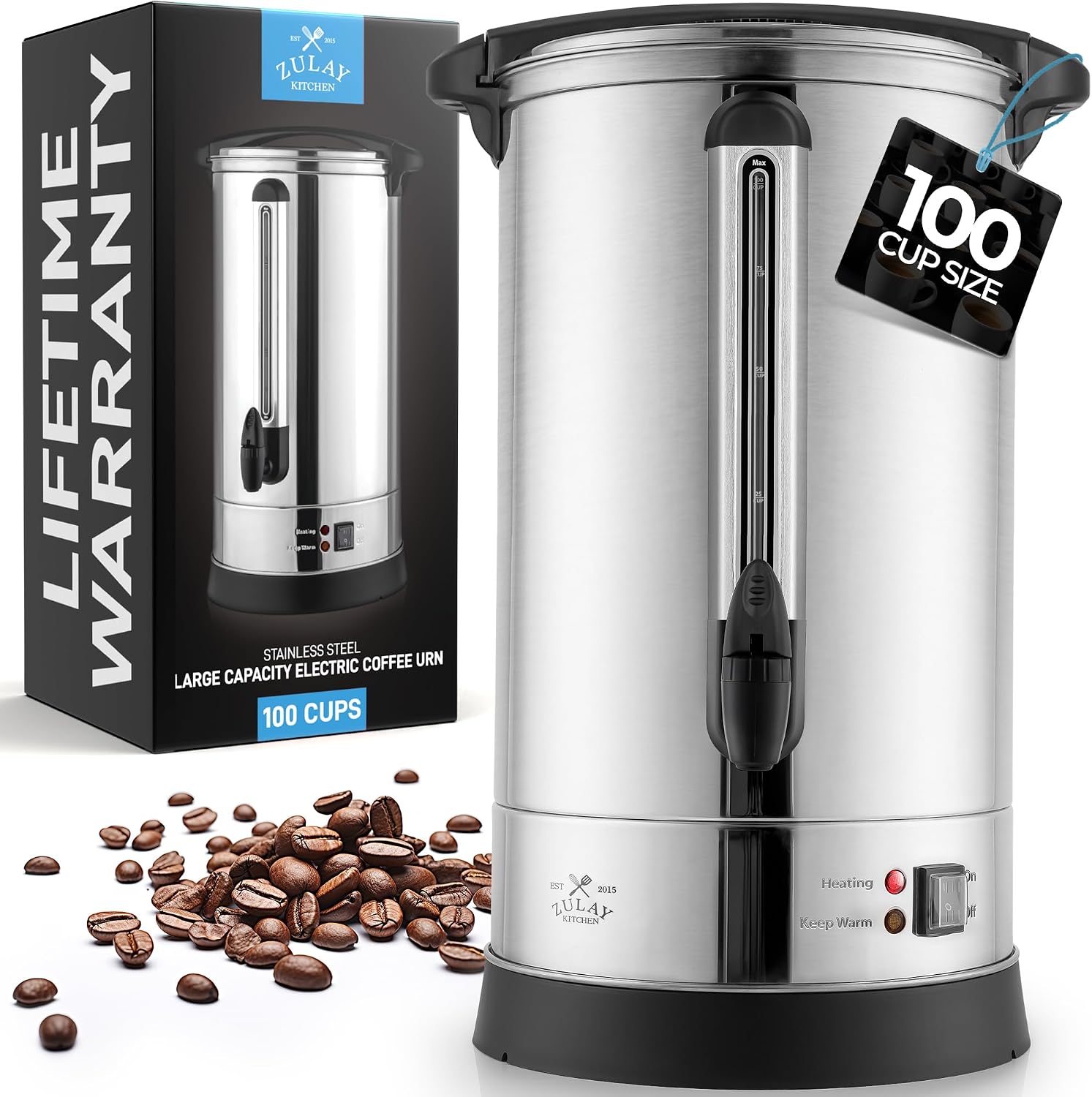 Zulay Commercial Grade 100 Cup Coffee Maker Hot Water Urn - Large Percolator Pot Dispenser With Double-Wall Stainless Steel, Quick Brew, Stays Hot for Tea & Beverage at Events & Catering - Silver