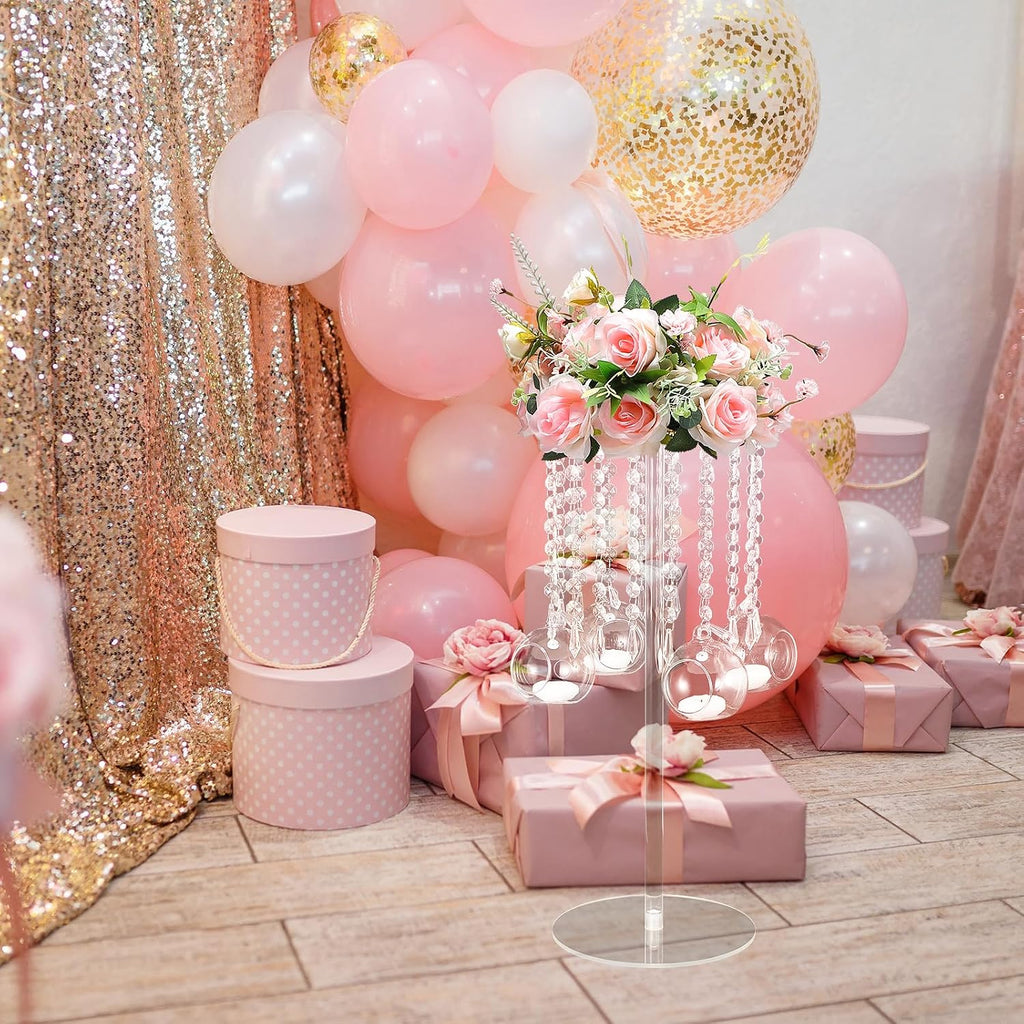 Yerliker 6 Sets 19.69 Inch Acrylic Wedding Centerpiece Flower Stand with Hanging Glass Tealight Globe Candle Holders Crystal Tall Flowers Vase for Birthday Wedding Party Table Decoration