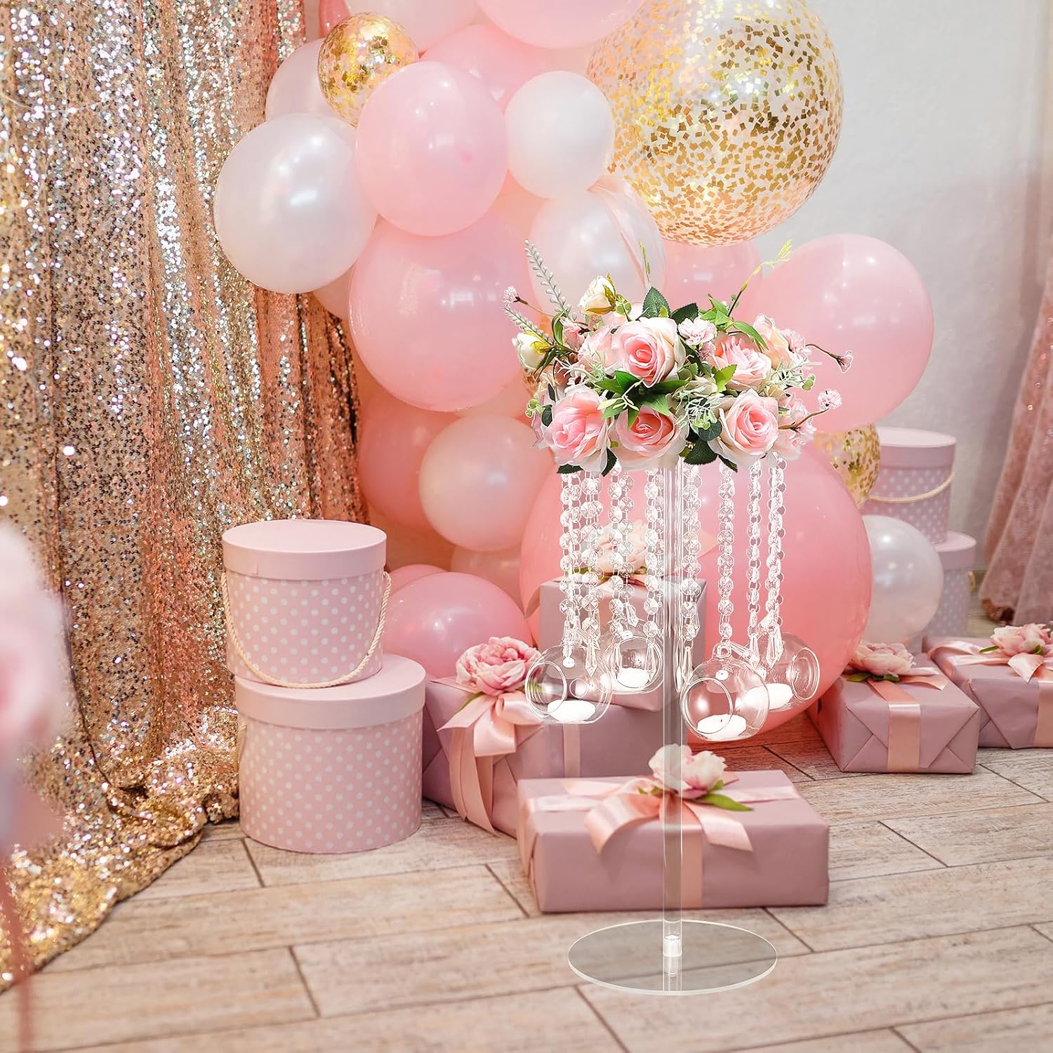 Yerliker 6 Sets 19.69 Inch Acrylic Wedding Centerpiece Flower Stand with Hanging Glass Tealight Globe Candle Holders Crystal Tall Flowers Vase for Birthday Wedding Party Table Decoration