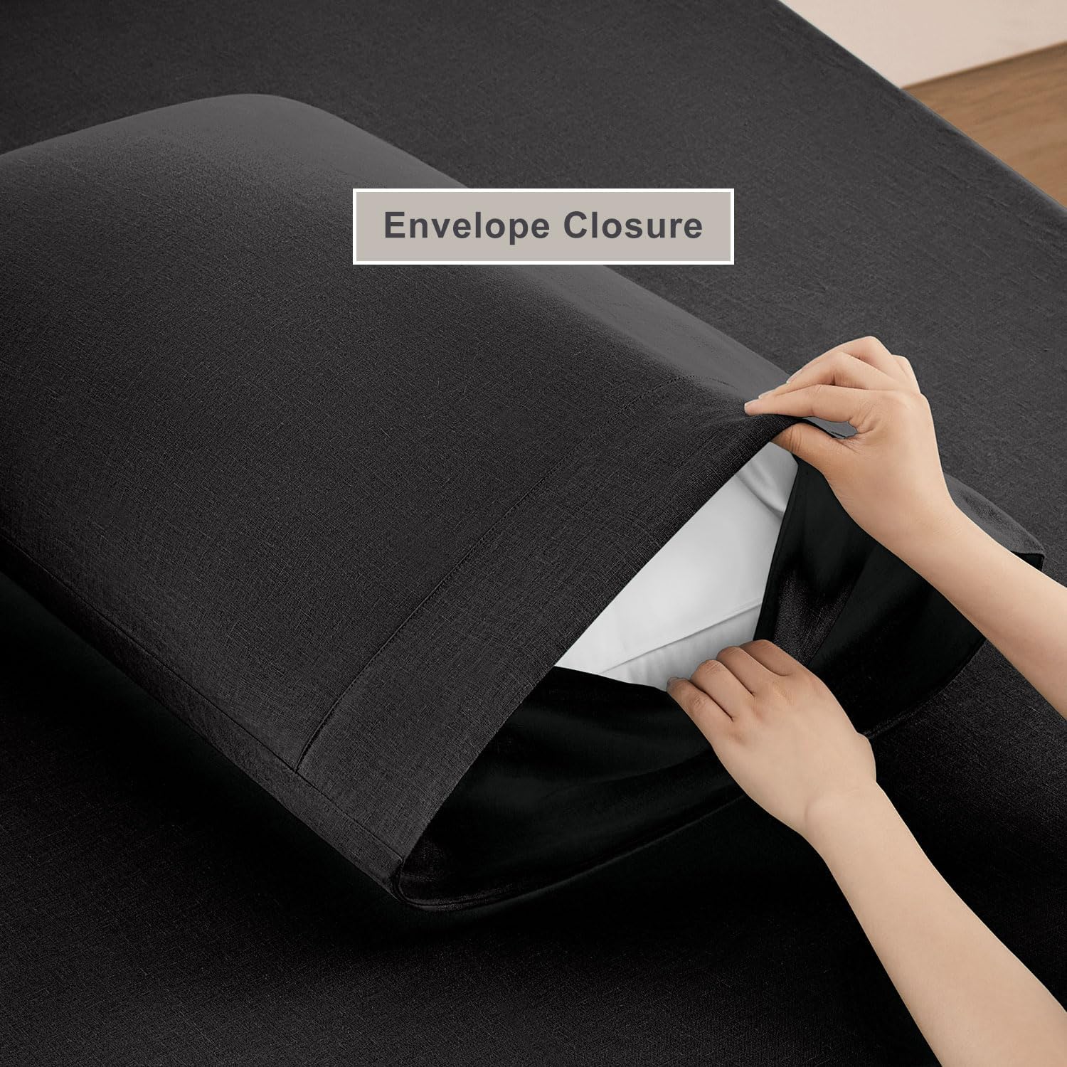 TOSMO Pure Linen Sheets Set, 100% French Natural Linen Flax Bedding 4pc Set (Full, 1 Flat Sheet, 1 Fitted Sheet, 2 Pillowcases) - Black