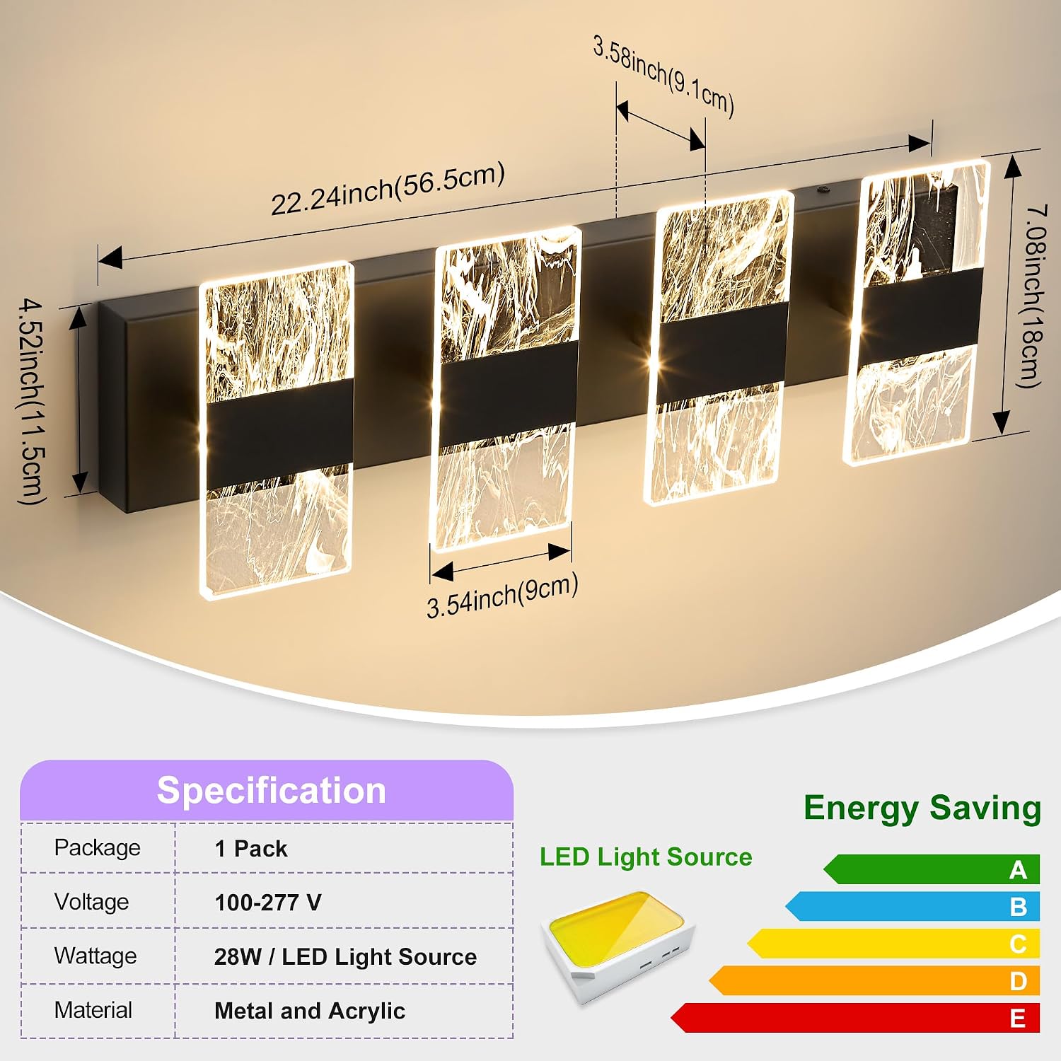 Modern LED Bathroom Light Fixtures Dimmable 4-Light Black Vanity Light, 5CCT Adjustable Lighting Fixture Vanity Lights Over Mirror, Smoked Acrylic LED Vanity Lights for Bathroom