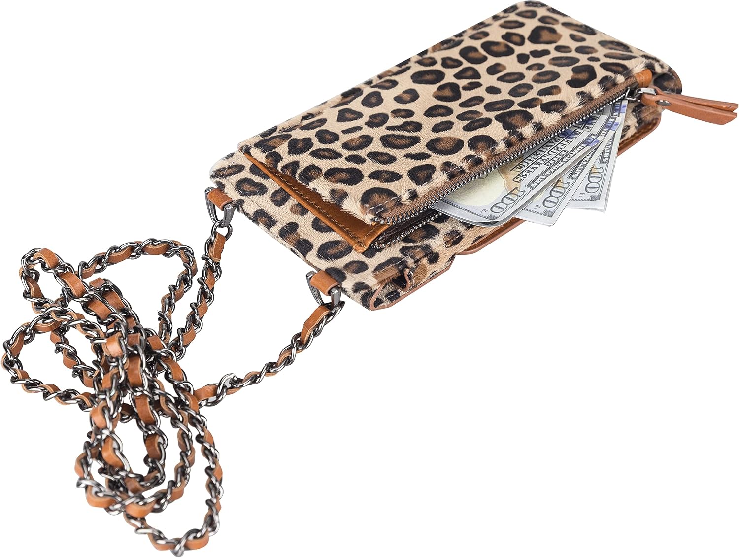 Crossbody Women Wallet fits iPhone 16 Pro MAX / 17 Pro MAX and All Mobile Devices up to 6.9' - Zippered Women Purse, Shoulder Bag with Card Holder, Pocket & Chain Strap, Trendy (Leopard)