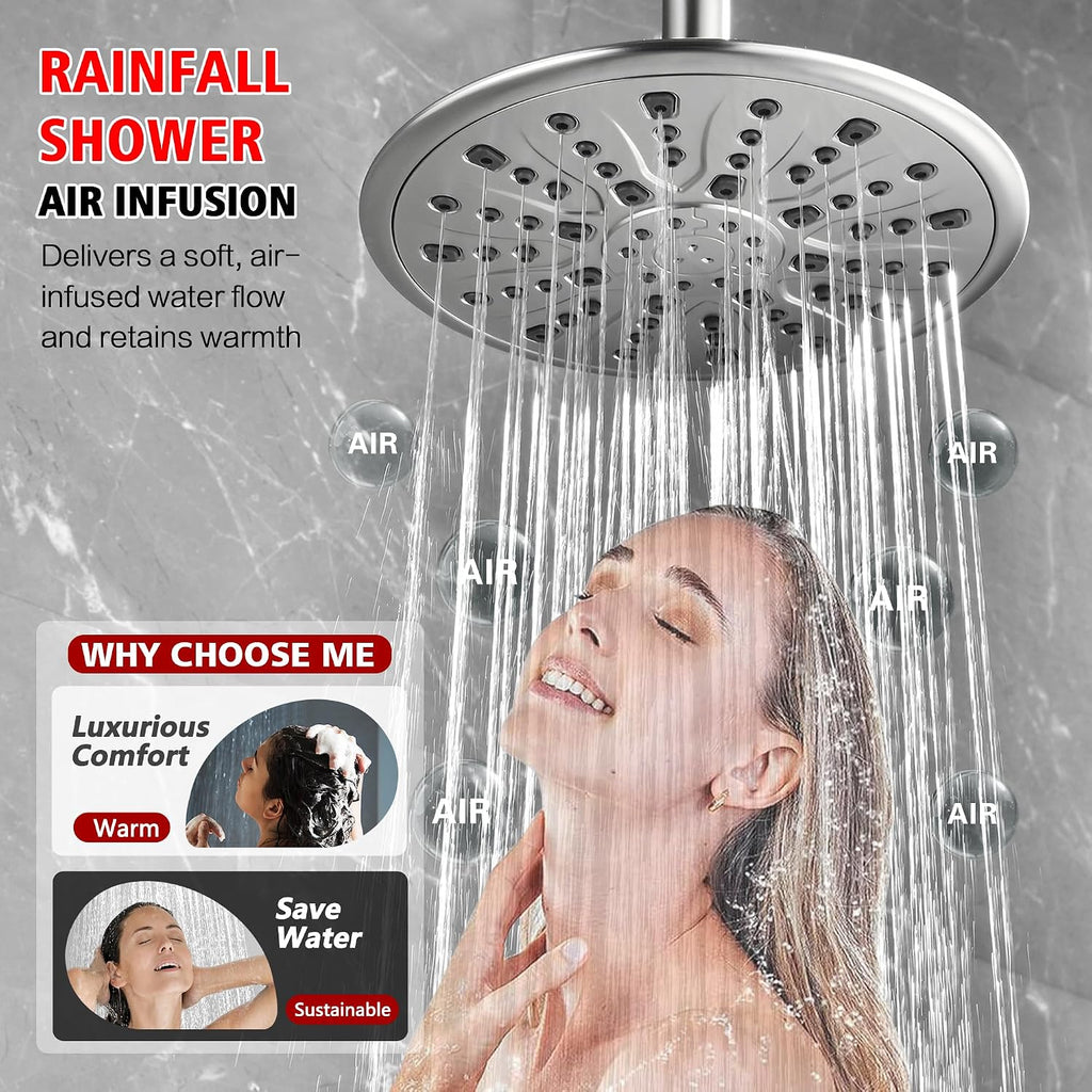 sumerain Brushed Nickel Rain Shower System Complete with Multi-Settings Rainfall Showerhead and Handheld Spray, Shower Faucet Set Includes Shower Valve and Slide Bar