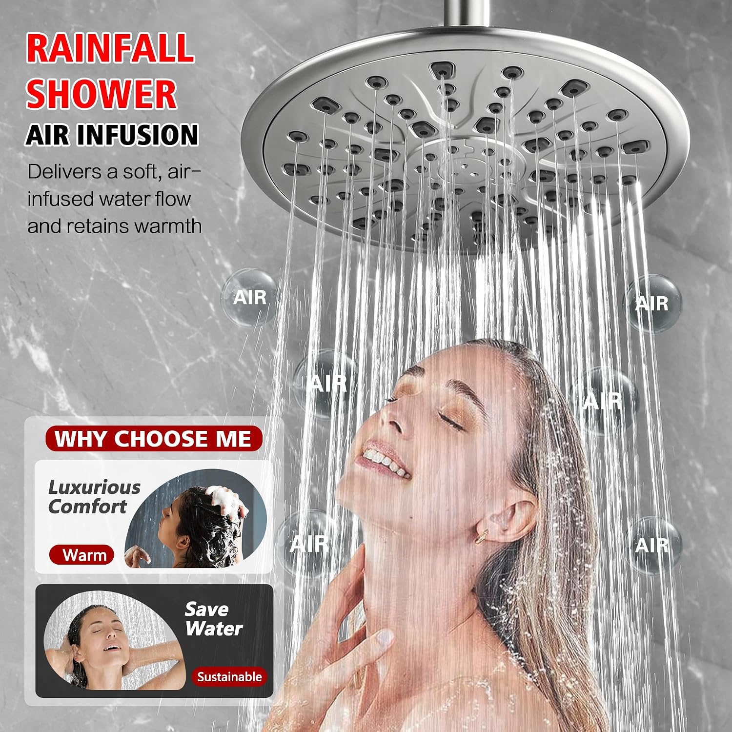 sumerain Brushed Nickel Rain Shower System Complete with Multi-Settings Rainfall Showerhead and Handheld Spray, Shower Faucet Set Includes Shower Valve and Slide Bar