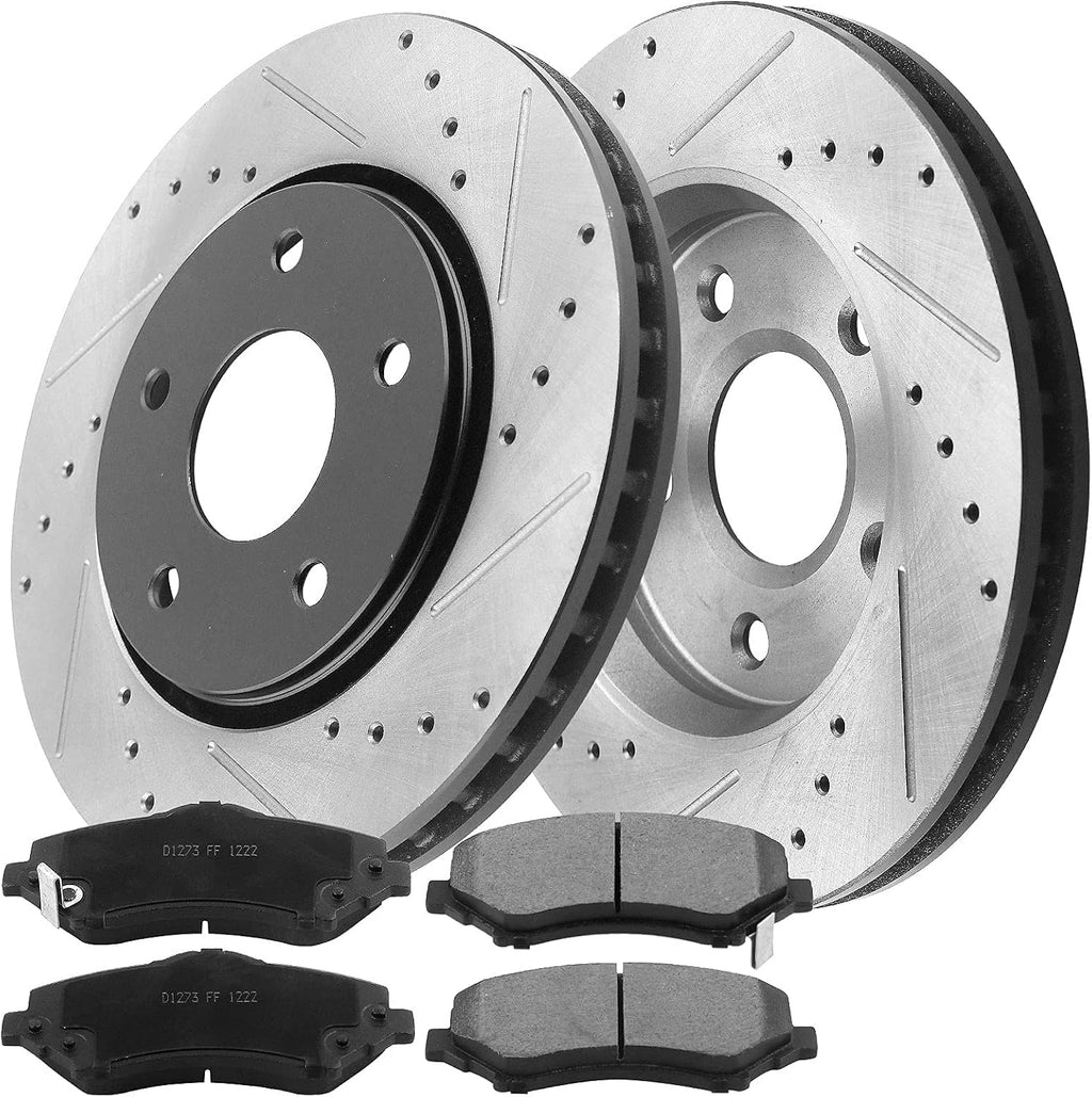 MotorbyMotor 325mm Front Brake Kit Rotors and Brake Pads Fits for Buick Enclave, Chevy Traverse, GMC Acadia (Limited), Saturn Outlook Drilled & Slotted Disc Brake Rotor & Ceramic Pad 55150, 120.66069