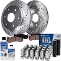 Detroit Axle - Front Brake Kit for Chevy Traverse GMC Acadia Limited Buick Enclave Saturn Outlook [ABS Models], Drilled & Slotted Brake Rotors Ceramic Brake Pads Wheel Lug Nuts Socket Keys Replacement