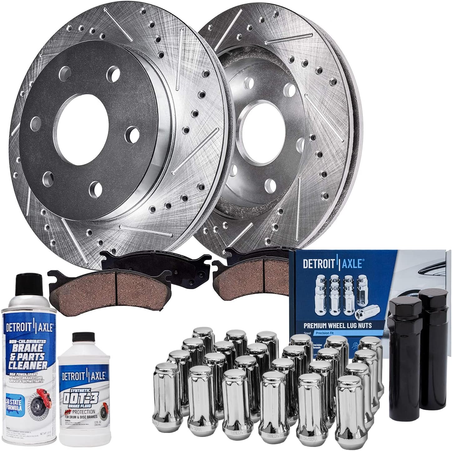 Detroit Axle - Front Brake Kit for Chevy Traverse GMC Acadia Limited Buick Enclave Saturn Outlook [ABS Models], Drilled & Slotted Brake Rotors Ceramic Brake Pads Wheel Lug Nuts Socket Keys Replacement