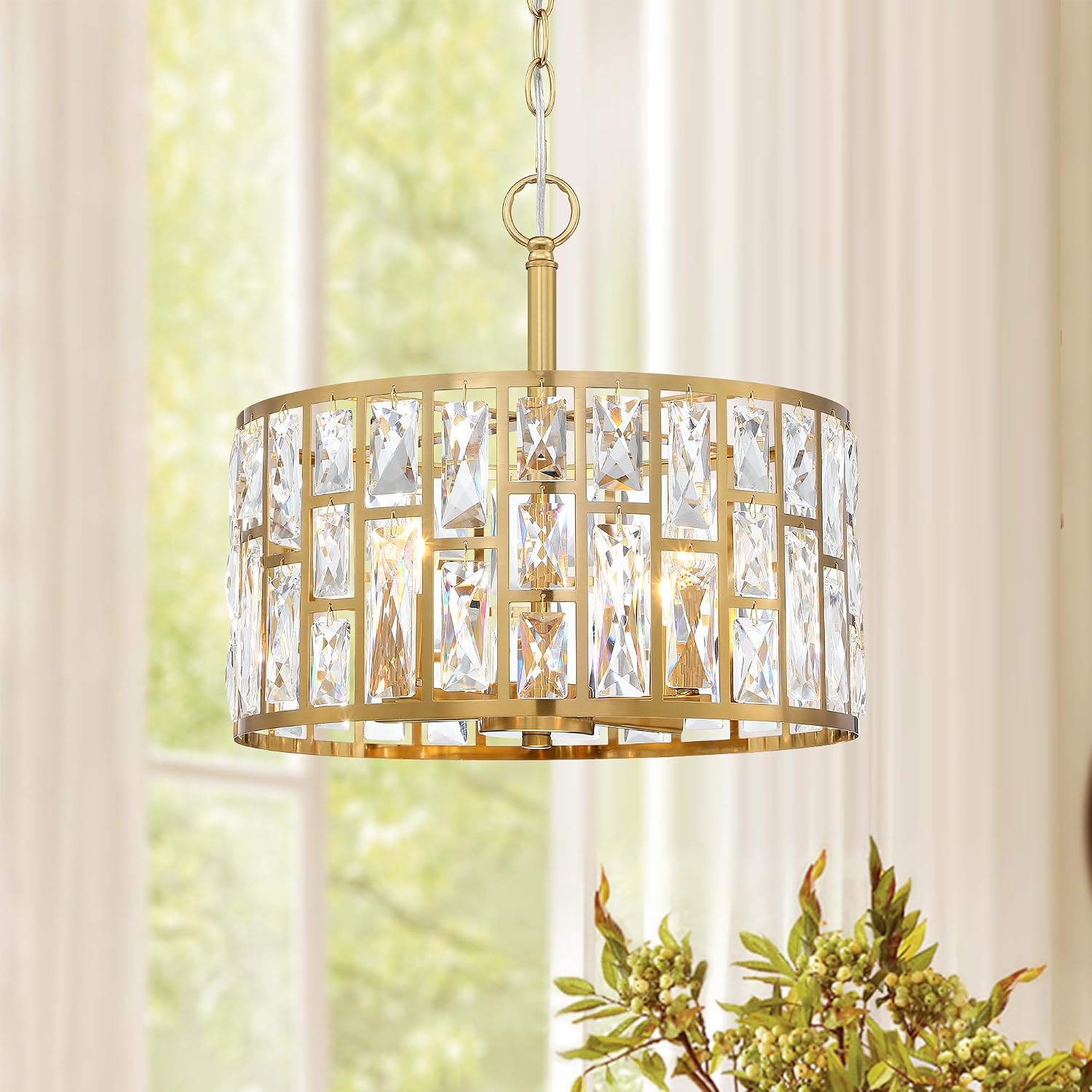 MEXO Farmhouse Crystal Convertible Chandelier and Semi Flush Mount Lighting Gold Cylinder Drum Shade Pendant for Kitchen Island Dining Room Bedroom Hallway