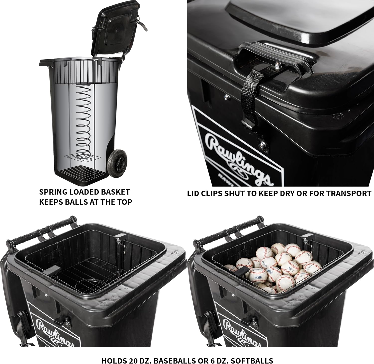 Rawlings | Rolling Ball Bin with Spring-Loaded Basket | 32-Gallon Capacity | Balls Not Included