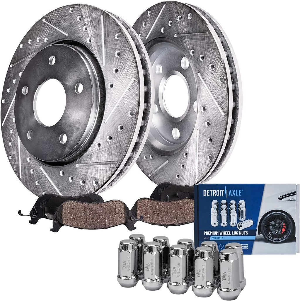 Detroit Axle - Front Drilled & Slotted Rotors Brake Pads w/ 10pc Wheel Lug Nuts Replacement for 2005-2010 Jeep Grand Cherokee Commander - 14pc Set