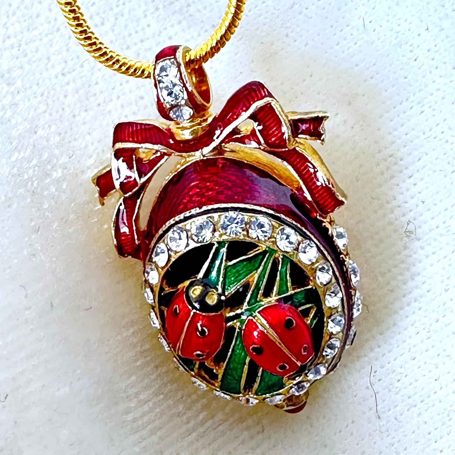 Ladybugs Red Guilloché Enamel Sterling Silver Necklace Pendant Genuine Garnet Crystals 24k Gold Plate Chain